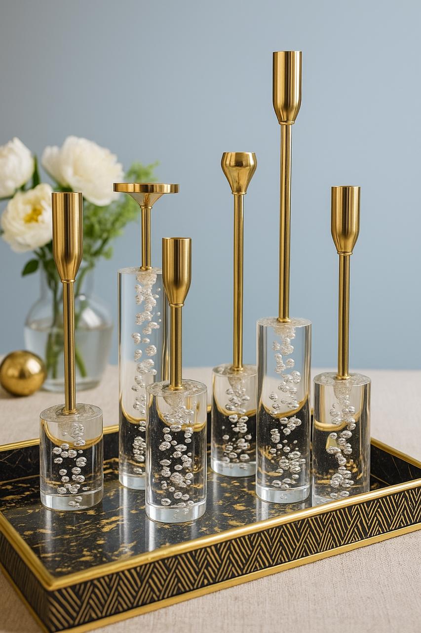Luxe Crystal & Gold Candle Holder Set
